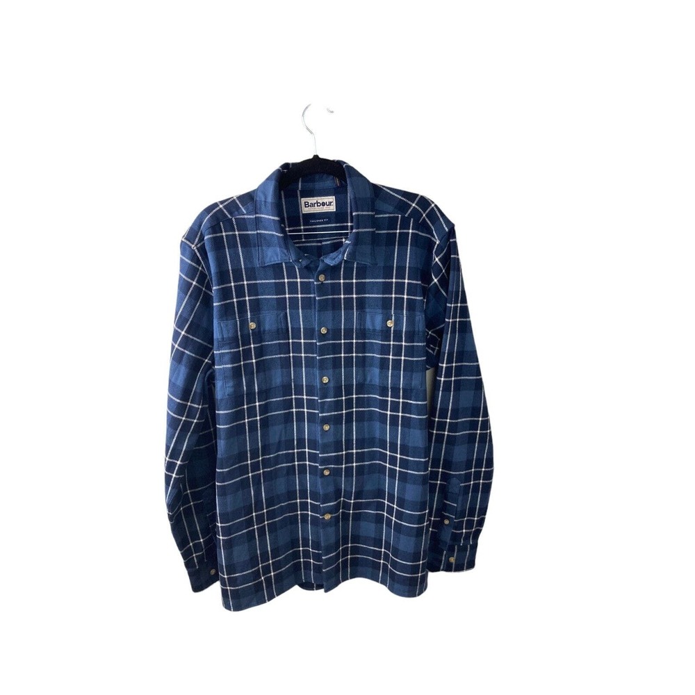 Barbour Baysbarn Tartan Plaid Blue Tailored Fit Button Front Shirt Size Medium